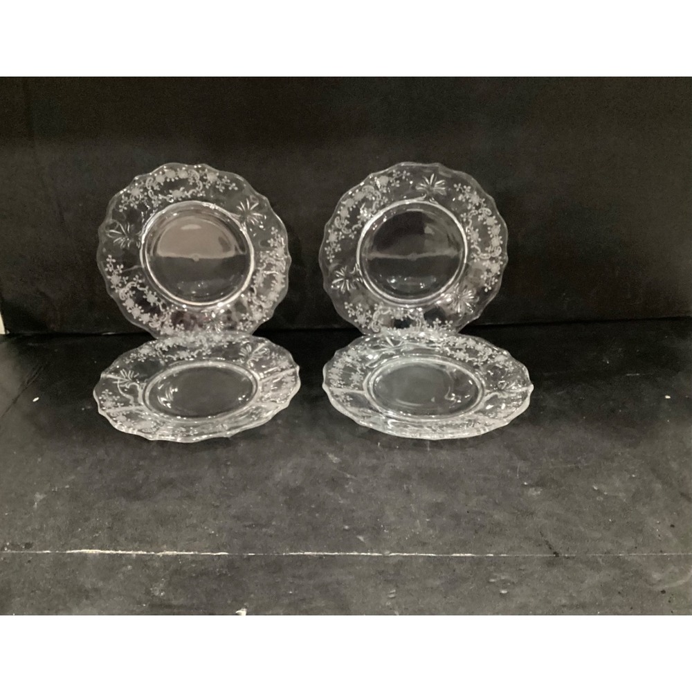 Fostoria Meadow Rose 7 3/8" Plates 1940s-50s Set‎ of 4 Etched Floral CLEAR